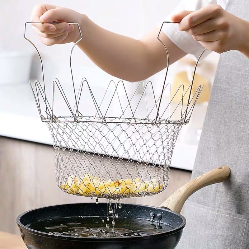 Stainless Steel Deep-fried Large Noodle Kitchen French Fries Tools Drain Basket Household Leak Net Spoon Folding Filter - Image 4