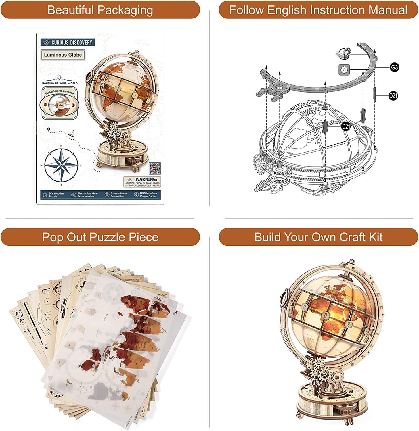 Rokr Luminous Globe 3D Wooden Hot Selling 180PCS Model Building Block Kits Toy - Image 2